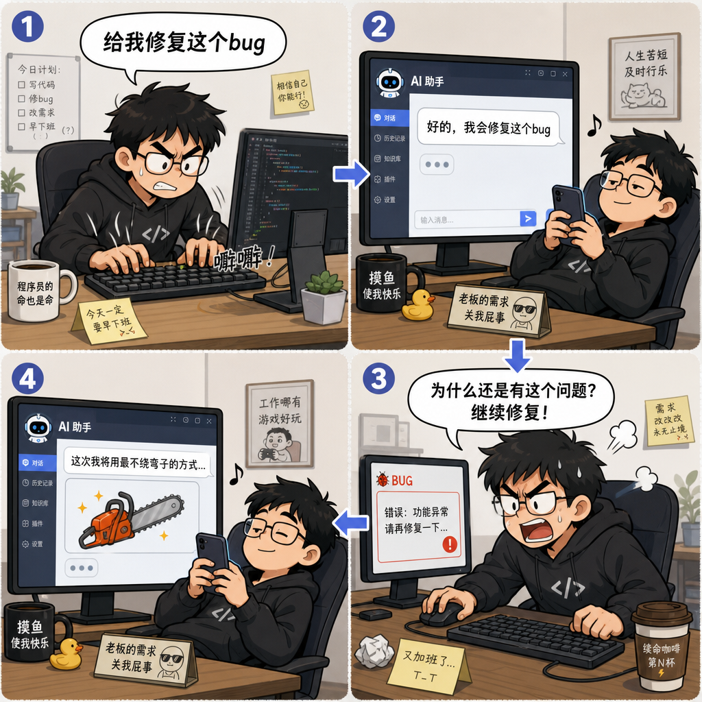 程序员把 bug 交给 AI 后刷手机的四格漫画